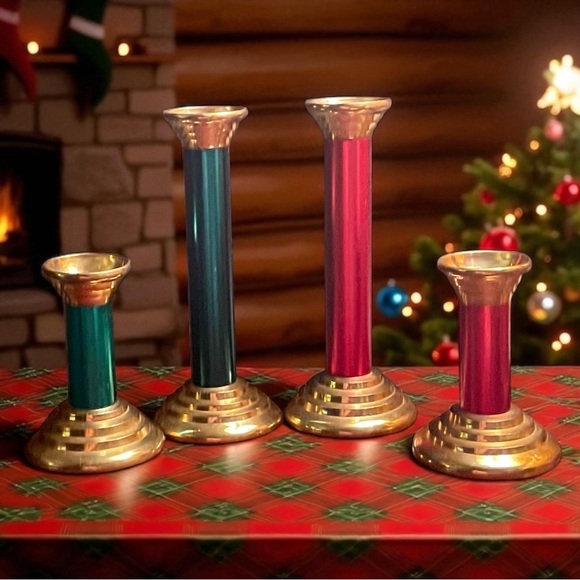 Vintage Pier1 Metallic Forest Green Ruby Red Stem Tiered Brass Candlesticks (4) - Picture 1 of 16